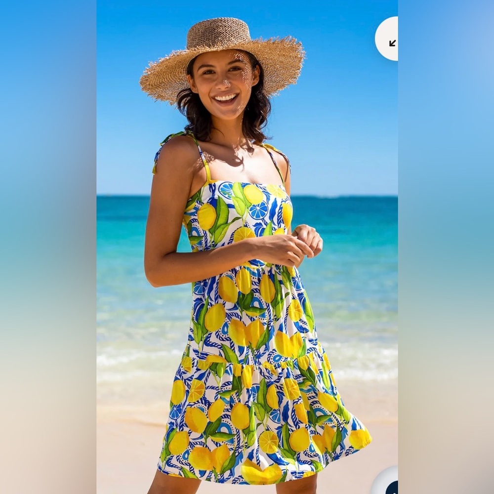 Kenny Flowers Lemon Print Midi Dress in Yellow & Blue